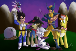 Size: 1024x683 | Tagged: safe, artist:jorobro, character:carrot cake, character:double diamond, character:seabreeze, character:sheriff silverstar, species:breezies, brian drummond, crossover, dragon ball z, male, vegeta, voice actor joke, wolverine, x-men