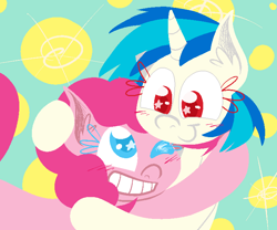 Size: 720x600 | Tagged: safe, artist:alittleofsomething, character:dj pon-3, character:pinkie pie, character:vinyl scratch, species:earth pony, species:pony, species:unicorn, ear fluff, female, hug, lesbian, lineless, mare, shipping, smiling, teeth, vinylpie, wingding eyes