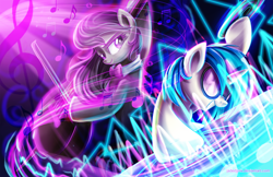 Size: 2000x1294 | Tagged: safe, artist:jadedjynx, character:dj pon-3, character:octavia melody, character:vinyl scratch, 100th episode, cello, classical, dubstep, musical instrument