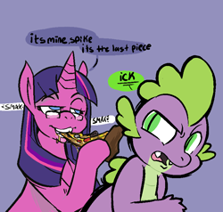 Size: 771x733 | Tagged: safe, artist:mangneto, character:spike, character:twilight sparkle, bedroom eyes, food, glasses, lips, meat, pepperoni, pizza, teeth