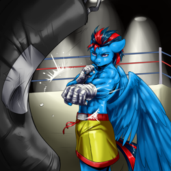 Size: 2000x2000 | Tagged: safe, artist:aphexangel, oc, oc only, oc:andrew swiftwing, species:anthro, species:pegasus, species:pony, clothing, male, partial nudity, punch, punching bag, solo, stallion, topless
