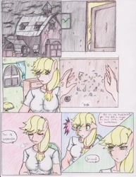 Size: 1275x1655 | Tagged: safe, artist:zoarenso, character:applejack, character:discord, species:anthro, comic:harsh apples, comic, explicit series, harsh apples, photo, traditional art