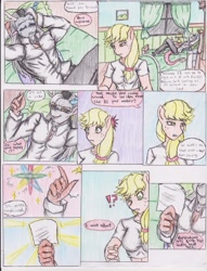 Size: 1275x1672 | Tagged: safe, artist:zoarenso, character:applejack, character:discord, species:anthro, comic:harsh apples, comic, explicit series, harsh apples, stupid sexy discord, traditional art