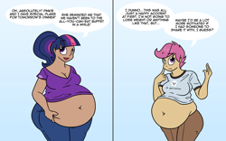 Size: 1600x1000 | Tagged: dead source, safe, artist:irateliterate, character:pinkie pie, character:scootaloo, character:twilight sparkle, species:human, species:pegasus, species:pony, ship:twinkie, ask feedee twilight, bbw, belly, belly button, belly grab, big belly, chubby, cleavage, fat, female, humanized, innie belly button, lesbian, obese, scootalard, shipping, twilard sparkle