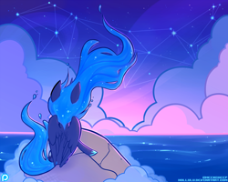 Size: 1900x1520 | Tagged: safe, artist:meekcheep, character:princess luna, alternate hairstyle, cloud, cloudy, constellation, female, night, ocean, patreon, pretty, rock, sitting, solo, spread wings, stars, sunset, wings