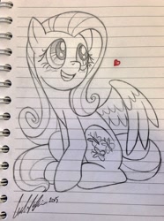 Size: 2324x3117 | Tagged: safe, artist:redapropos, character:fluttershy, cute, dawwww, female, heart, lined paper, shyabetes, sitting, sketchbook, smiling, solo, spread wings, traditional art, wings