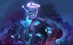Size: 1920x1200 | Tagged: safe, artist:rain-gear, character:princess luna, species:alicorn, species:pony, episode:do princesses dream of magic sheep?, crown, female, halo, magic, mare, raised hoof, solo, that was fast