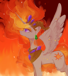 Size: 1200x1336 | Tagged: safe, artist:kkmrarar, character:nightmare star, character:princess celestia, species:alicorn, species:pony, spoiler:s05, female, fire, frown, lidded eyes, mane of fire, mare, solo, sparkles, spread wings, wings