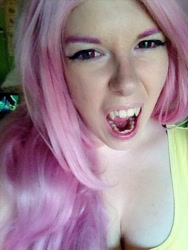 Size: 480x640 | Tagged: safe, artist:mintyblitzz, character:flutterbat, character:fluttershy, species:human, cleavage, clothing, cosplay, fangs, female, irl, irl human, photo, red eyes, solo