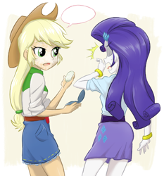 Size: 696x748 | Tagged: safe, artist:ta-na, character:applejack, character:rarity, my little pony:equestria girls, clothing, compact, denim skirt, dialogue, disaster, faceless female, female, makeup, offscreen character, shocked, skirt, speech bubble