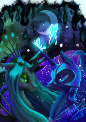 Size: 2480x3507 | Tagged: safe, artist:begasus, character:nightmare moon, character:princess luna, character:queen chrysalis, species:alicorn, species:changeling, species:pony, ship:chrysmoon, changeling queen, female, lesbian, shipping
