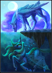 Size: 2480x3507 | Tagged: safe, artist:begasus, character:nightmare moon, character:princess luna, character:queen chrysalis, species:alicorn, species:changeling, species:pony, ship:chrysmoon, crescent moon, female, hunting, lesbian, moon, shipping