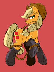 Size: 480x640 | Tagged: safe, artist:wan, character:applejack, species:earth pony, species:pony, clothing, cowboy hat, female, fireproof boots, freckles, hat, mare, raised hoof, red background, rope, simple background, solo, stetson