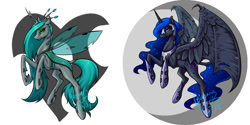 Size: 1181x590 | Tagged: dead source, safe, artist:begasus, character:nightmare moon, character:princess luna, character:queen chrysalis, armor