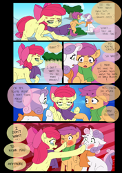 Size: 1024x1447 | Tagged: safe, artist:jeremy3, character:apple bloom, character:scootaloo, character:sweetie belle, species:pegasus, species:pony, comic:quest for apple bloom, apple bloom is not amused, clothing, comic, cross-popping veins, crying, cutie mark crusaders, dialogue, fed up, hoof in mouth, scarf, shivering, sick, snow, sweat, sweetiedumb, winter