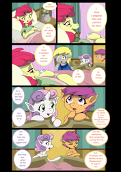 Size: 1024x1447 | Tagged: safe, artist:jeremy3, character:apple bloom, character:derpy hooves, character:scootaloo, character:sweetie belle, species:pegasus, species:pony, comic:quest for apple bloom, argument, comic, crossed legs, cutie mark crusaders, equestria's best mother, female, hospital, iv drip, mailmare, mare