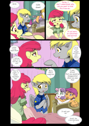 Size: 1600x2262 | Tagged: safe, artist:jeremy3, character:apple bloom, character:derpy hooves, character:scootaloo, character:sweetie belle, species:pegasus, species:pony, comic:quest for apple bloom, argument, ball of violence, bed, bipedal, comic, cutie mark crusaders, equestria's best mother, floppy ears, frown, hospital, hug, iv drip, mailmare, open mouth, sick, wide eyes, wink