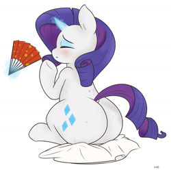 Size: 1280x1269 | Tagged: safe, artist:zoarity, character:rarity, species:pony, species:unicorn, blushing, clothing, dock, eyes closed, fan, female, hot, magic, mare, plot, rearity, shirt, simple background, sitting, solo, sweat, the ass was fat, white background