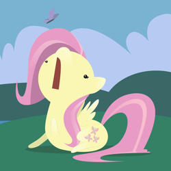 Size: 1000x1000 | Tagged: safe, artist:professor-ponyarity, character:fluttershy, species:pegasus, species:pony, butterfly, chibi, colored, cute, dot eyes, female, flat colors, looking at something, looking up, mare, open mouth, outdoors, prone, shyabetes, solo
