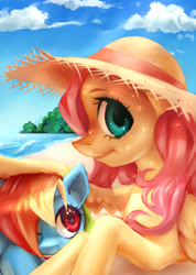 Size: 2457x3456 | Tagged: safe, artist:my-magic-dream, character:fluttershy, character:rainbow dash, beach, clothing, duo, duo female, female, hat, straw hat