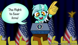 Size: 1280x748 | Tagged: safe, artist:outofworkderpy, character:lyra heartstrings, species:pony, species:unicorn, american flag, arms, bear arms, bipedal, clothing, female, foam finger, in lyra we trust, mare, necktie, podium, president, pun, solo, stage, suit, united states