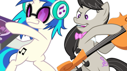 Size: 7117x4004 | Tagged: safe, artist:byteslice, character:dj pon-3, character:octavia melody, character:vinyl scratch, species:earth pony, species:pony, species:unicorn, episode:slice of life, g4, my little pony: friendship is magic, absurd resolution, bow tie, cello, cutie mark, female, headphones, hoof hold, hooves, horn, mare, mixing console, musical instrument, open mouth, out of context, simple background, smiling, sunglasses, svg, teeth, transparent background, vector, wide eyes
