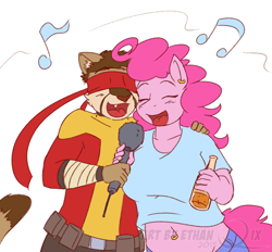 Size: 550x511 | Tagged: safe, artist:ethanqix, character:pinkie pie, non-mlp oc, oc, species:anthro, alcohol, belly button, bellyring, blindfold, furry, karaoke, microphone, piercing, singing