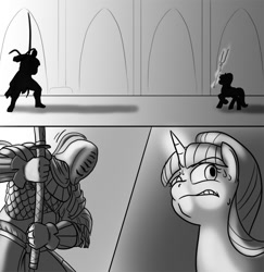 Size: 700x721 | Tagged: safe, artist:mistermech, character:starlight glimmer, comic, crossover, dark souls, dark souls 2, duel, monochrome, s5 starlight, sir alonne, staff, staff of sameness, sweat, this will end in tears and/or death