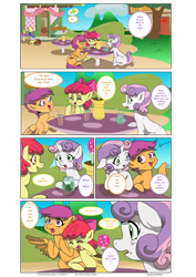 Size: 1600x2261 | Tagged: safe, artist:jeremy3, character:apple bloom, character:derpy hooves, character:scootaloo, character:sweetie belle, species:earth pony, species:pegasus, species:pony, species:unicorn, comic:everfree, cafe, clover cafe, comic, cutie mark crusaders, female, filly, laughing, mailmare, mare, pinky and the brain, ponyville