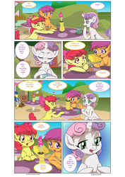 Size: 1024x1447 | Tagged: safe, artist:jeremy3, character:apple bloom, character:derpy hooves, character:scootaloo, character:sweetie belle, species:earth pony, species:pegasus, species:pony, species:unicorn, comic:everfree, cafe, clover cafe, comic, cutie mark crusaders, female, filly, mailmare, mare, ponyville