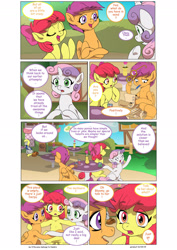 Size: 1600x2261 | Tagged: safe, artist:jeremy3, character:apple bloom, character:derpy hooves, character:scootaloo, character:sweetie belle, species:earth pony, species:pegasus, species:pony, species:unicorn, comic:everfree, cafe, checklist, clover cafe, comic, cutie mark crusaders, female, filly, glasses, mailmare, mare, pencil, pinky and the brain, ponyville, saddle bag