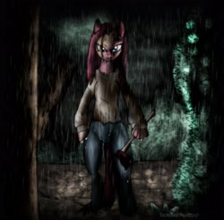 Size: 2600x2544 | Tagged: safe, artist:sixpathsoffriendship, character:pinkamena diane pie, character:pinkie pie, species:pony, axe, bipedal, clothing, female, parody, semi-anthro, solo, the amityville horror