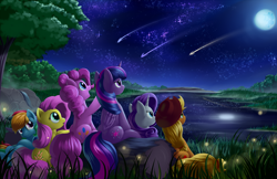 Size: 2550x1650 | Tagged: safe, artist:grennadder, character:applejack, character:fluttershy, character:pinkie pie, character:rainbow dash, character:rarity, character:twilight sparkle, character:twilight sparkle (alicorn), species:alicorn, species:pony, female, firefly, lake, mane six, mare, moon, night, scenery, shooting star, stars
