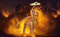 Size: 1920x1200 | Tagged: safe, artist:rain-gear, character:nightmare star, character:princess celestia, species:alicorn, species:pony, female, fire, glare, halo, mare, necklace, smirk, solo, spread wings, wings