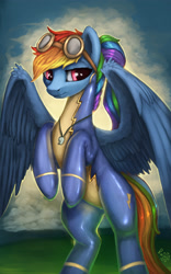 Size: 1500x2400 | Tagged: safe, artist:rain-gear, character:rainbow dash, alternate hairstyle, female, latex, ponytail, rearing, solo, spread wings, whistle, wings, wonderbolts uniform