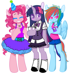 Size: 1651x1752 | Tagged: safe, artist:lolopan, character:pinkie pie, character:rainbow dash, character:twilight sparkle, species:anthro, cleavage, clothing, female, skirt, tank top