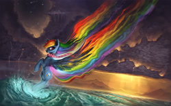 Size: 1920x1200 | Tagged: safe, artist:rain-gear, character:rainbow dash, clothing, cloud, cloudy, crepuscular rays, female, flying, ocean, rainbow trail, redraw, scarf, scenery, solo, spread wings, water, wave, wings