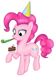 Size: 1679x2315 | Tagged: safe, artist:kas92, character:pinkie pie, cake, clothing, female, hat, party hat, party horn, solo