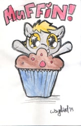Size: 555x856 | Tagged: safe, artist:wingbeatpony, character:derpy hooves, species:pegasus, species:pony, female, giant muffin, mare, muffin, one word, solo, that pony sure does love muffins, traditional art, watercolor painting