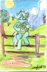 Size: 560x859 | Tagged: safe, artist:wingbeatpony, character:lyra heartstrings, eyes closed, female, hoof hold, lyre, scenery, sitting, smiling, solo, sweet apple acres, traditional art, watercolor painting