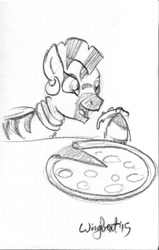 Size: 542x854 | Tagged: safe, artist:wingbeatpony, character:zecora, species:zebra, ear piercing, earring, female, food, jewelry, monochrome, necklace, open mouth, piercing, pizza, sketch, solo, stripes, traditional art