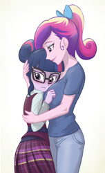 Size: 840x1380 | Tagged: safe, artist:ta-na, character:dean cadance, character:princess cadance, character:twilight sparkle, character:twilight sparkle (scitwi), species:eqg human, equestria girls:friendship games, g4, my little pony: equestria girls, my little pony:equestria girls, :t, blushing, boob smothering, breast pillow, breasts, busty princess cadance, clothing, crystal prep academy uniform, cute, female, frown, glasses, hair bun, hug, looking away, ponytail, school uniform, sister-in-law, skirt, smiling, twiabetes