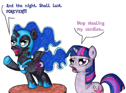 Size: 2121x1565 | Tagged: safe, artist:darkone10, character:nightmare moon, character:princess luna, character:twilight sparkle, bad joke, cute, filly, nightmare woon