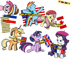 Size: 900x750 | Tagged: safe, artist:slitherpon, character:applejack, character:fluttershy, character:pinkie pie, character:rainbow dash, character:rarity, character:twilight sparkle, character:twilight sparkle (unicorn), species:earth pony, species:pegasus, species:pony, species:unicorn, applejack's hat, beret, canada, chancellor puddinghead, clothing, confederate flag, cowboy hat, dreamworks face, dutch, eh, eyes closed, female, flag, france, french, glasses, hat, implied lauren faust, in which pinkie pie forgets how to gravity, mane six, mare, mouth hold, netherlands, pinkie being pinkie, pinkie physics, simple background, sitting, text, transparent background, united kingdom, united states
