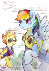 Size: 1208x1728 | Tagged: safe, artist:mi-eau, edit, character:rainbow dash, character:spitfire, species:pegasus, species:pony, episode:wonderbolts academy, clothing, duo, female, goggles, japan expo, japanese, mare, scene interpretation, traditional art, watercolor painting, wonderbolt trainee uniform