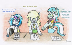 Size: 1024x652 | Tagged: safe, artist:pandan009, character:derpy hooves, character:dj pon-3, character:lyra heartstrings, character:vinyl scratch, species:anthro, dialogue, planning, traditional art, zombie apocalypse