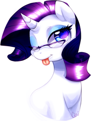Size: 613x817 | Tagged: safe, artist:si1vr, character:rarity, blep, bust, cute, female, glasses, heart eyes, portrait, raribetes, signature, simple background, solo, tongue out, white background, wingding eyes, wink