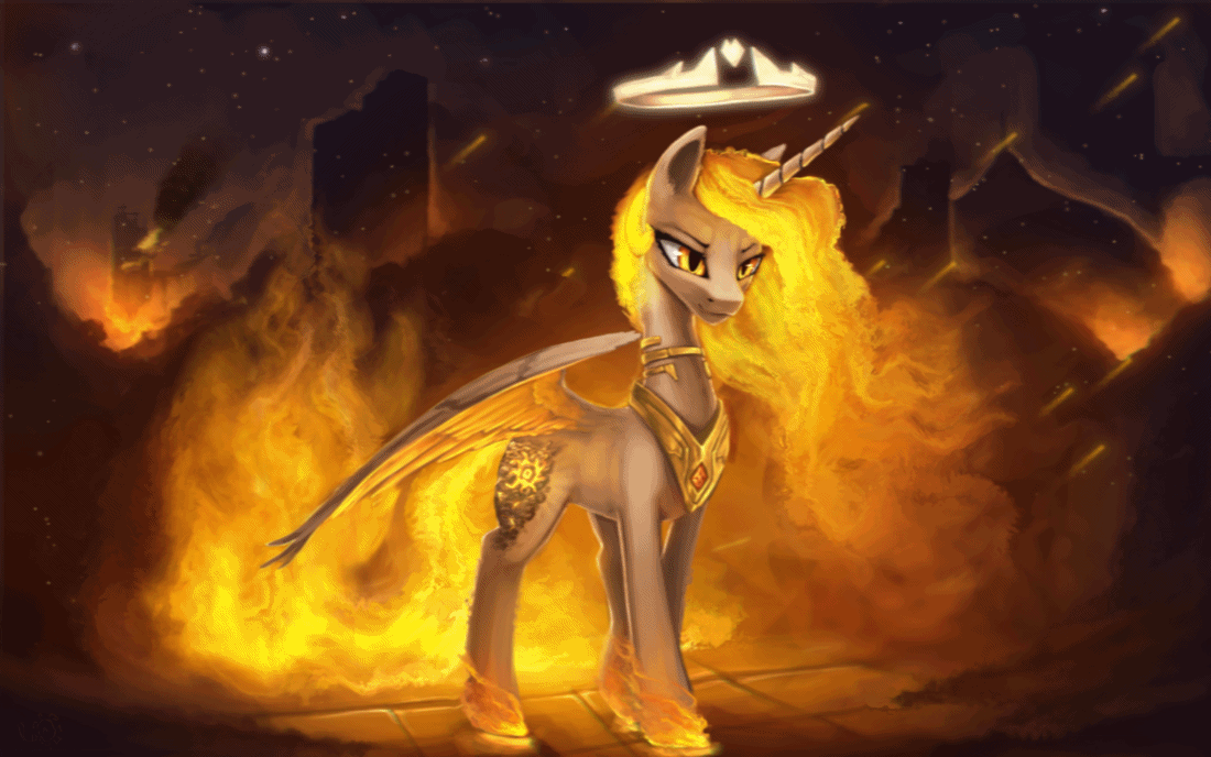 Size: 1100x688 | Tagged: safe, artist:equum_amici, artist:rain-gear, edit, character:nightmare star, character:princess celestia, species:alicorn, species:pony, animated, badass, cinemagraph, female, fire, glare, halo, majestic, mare, smirk, solo, spread wings, visual effects of awesome, wings