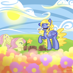 Size: 800x800 | Tagged: dead source, safe, artist:steeve, character:fluttershy, character:lily blossom, species:pegasus, species:pony, duo, duo female, eyes closed, female, flower, gardening, happy, mare, mouth hold, smiling