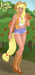 Size: 565x1200 | Tagged: safe, artist:aphexangel, character:applejack, species:human, apple, belly button, boots, clothing, cowboy boots, cowboy hat, cowboy vest, daisy dukes, female, hat, humanized, looking at you, midriff, open mouth, sack, shoes, smiling, solo, straw in mouth, sweet apple acres, tailed humanization, wheat